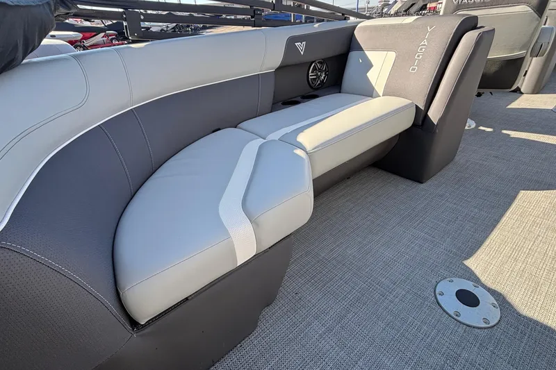 Slide: The Image of 2026 Viaggio X24U boat interior with sleek gray seating and modern design. - 29