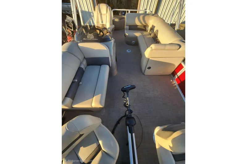 Slide: The Image of 2022 Sun Tracker Fishin' Barge 20 DLX interior with beige seating and fishing equipment. - 5