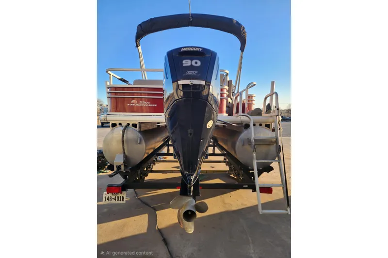 Slide: The Image of 2022 Sun Tracker Fishin' Barge 20 DLX with Mercury 90 engine, rear view. - 8