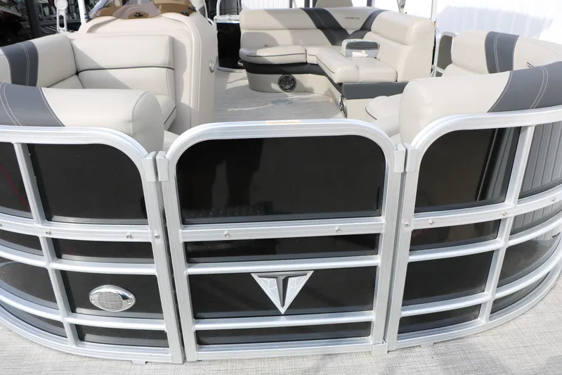 Slide: The Image of 2021 Trifecta 22 RFC pontoon boat with luxurious seating and sleek design. - 17
