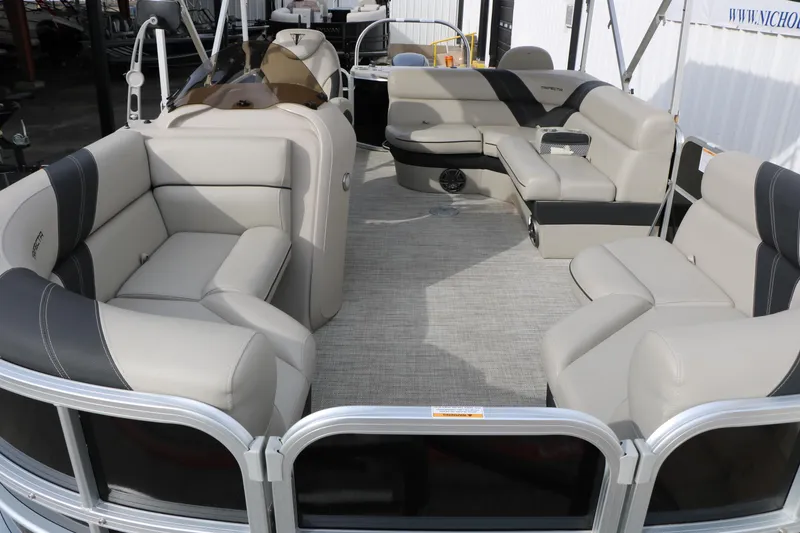 Slide: The Image of Luxurious interior of 2021 Trifecta 22 RFC pontoon boat with plush seating. - 18