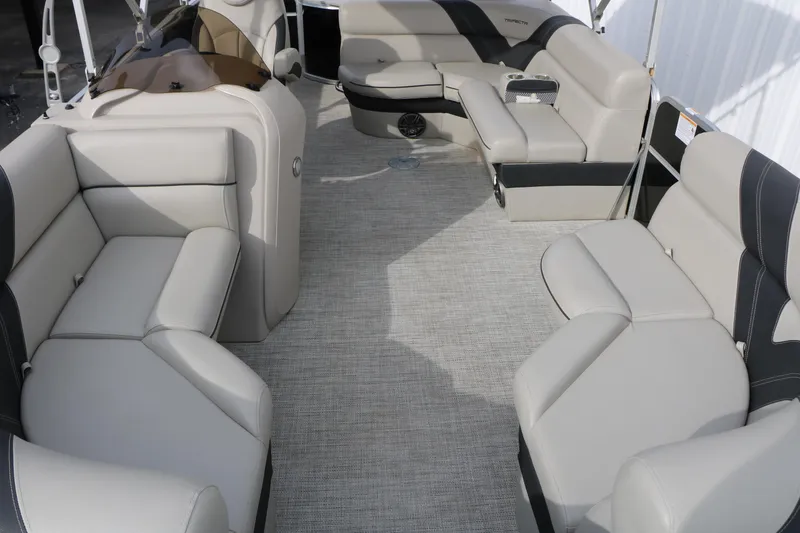 Slide: The Image of Luxurious interior of 2021 Trifecta 22 RFC pontoon boat with plush seating. - 19