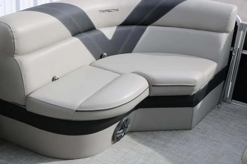 Slide: The Image of 2021 Trifecta 22 RFC boat seating with gray and black upholstery. - 28