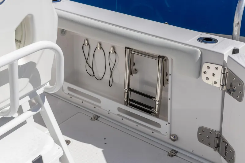 Slide: The Image of 2026 Edgewater 262CC boat interior with ladder and storage hooks. - 6