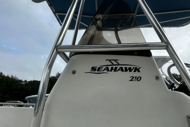 Slide: The Image of 2009 Sea Hawk 210 boat with blue canopy and stainless steel frame. - 13