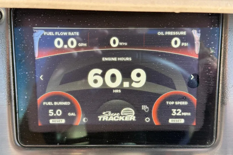 Slide: The Image of Dashboard of 2024 Sun Tracker Party Barge 22 DLX showing engine hours and fuel data. - 17