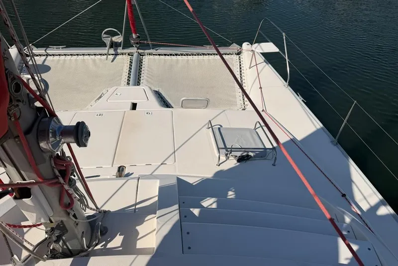 Slide: The Image of Leopard 38 catamaran deck with rigging, 2000 model, on calm water. - 136