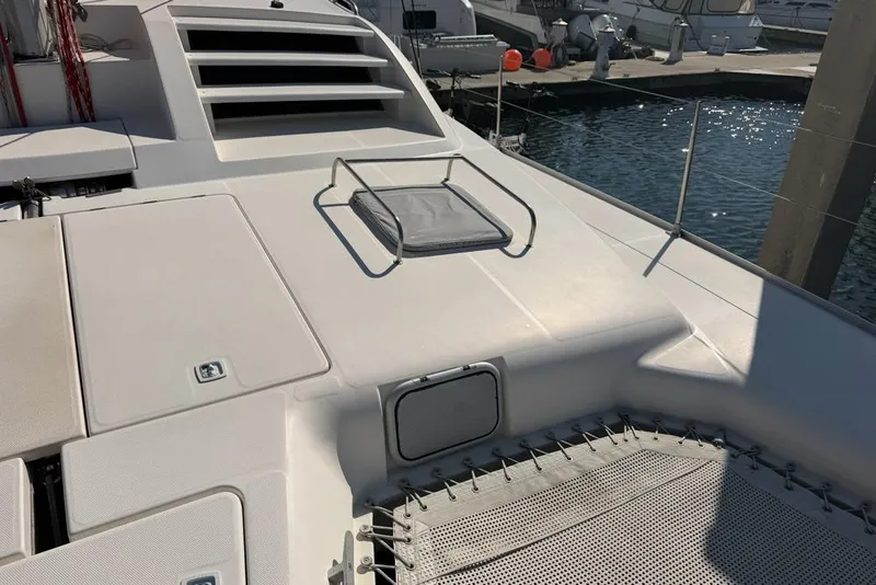 Slide: The Image of Leopard 38 catamaran deck, 2000 model, docked at marina. - 158