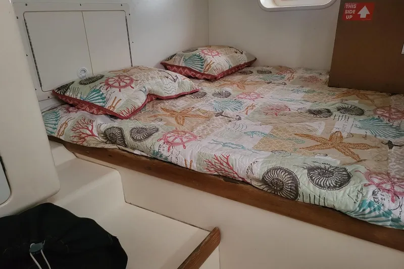 Slide: The Image of Catamaran Leopard 38, 2000 model, docked in a marina with surrounding boats. - 27