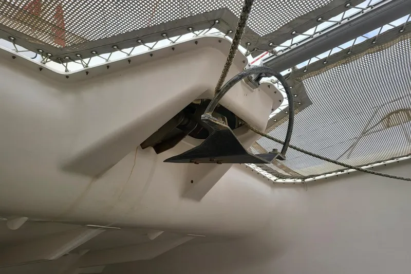 Slide: The Image of Leopard 38 catamaran cockpit with steering wheel and navigation equipment, 2000 model. - 44