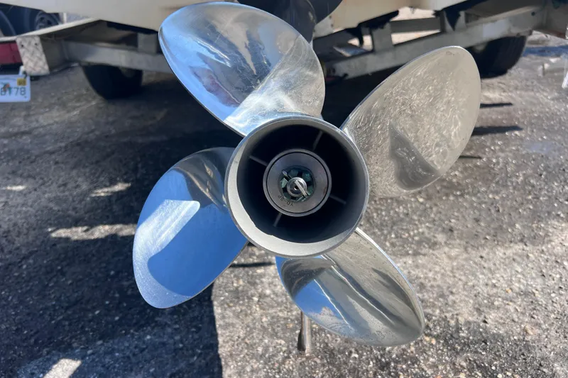 Slide: The Image of Close-up of a 2008 Skeeter ZX20 Bay boat propeller on a trailer. - 9