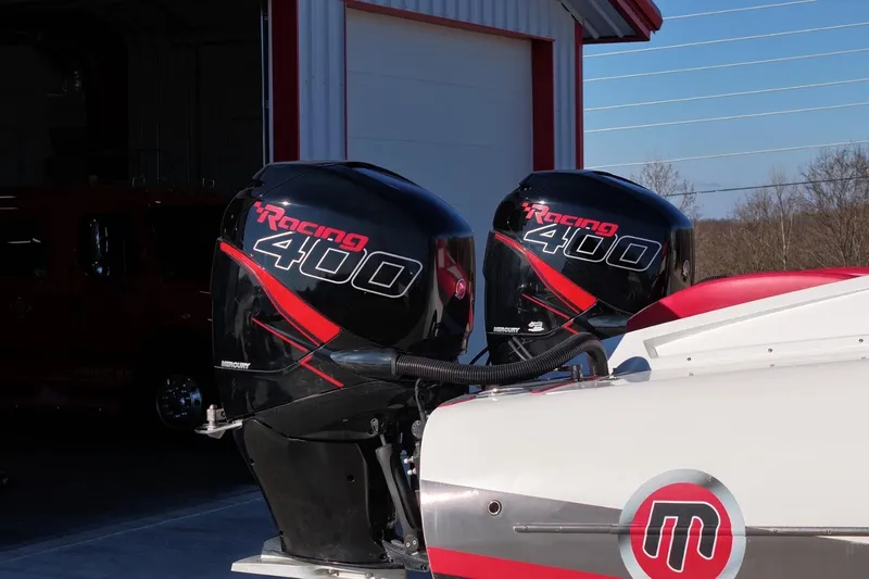 Slide: The Image of 2019 Mystic Powerboats C3800 with dual Mercury Racing 400 engines. - 4