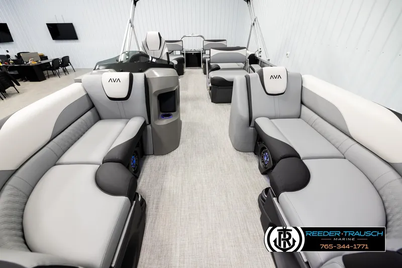 Slide: The Image of Luxurious interior of 2026 Avalon LSZ QLS pontoon boat with plush seating and modern design. - 13