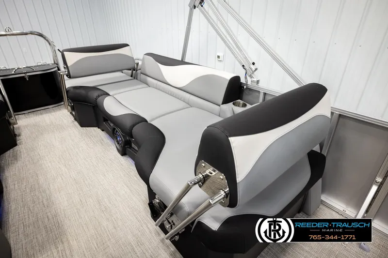 Slide: The Image of 2026 Avalon LSZ QLS boat interior with luxurious gray and black seating. - 23