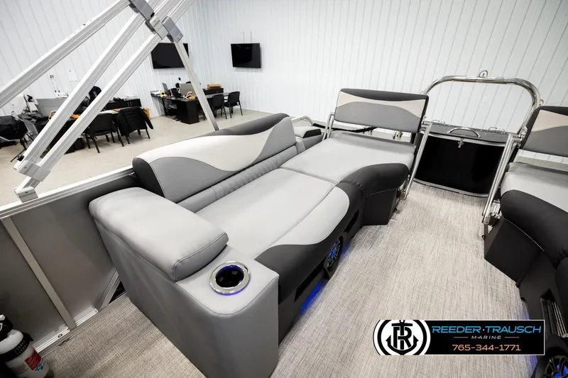 Slide: The Image of Luxurious seating on 2026 Avalon LSZ QLS pontoon boat, featuring modern design and comfort. - 28