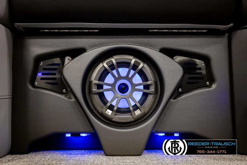 Slide: The Image of 2026 Avalon LSZ QLS speaker system with blue LED lighting, Reeder-Trausch Marine branding. - 44