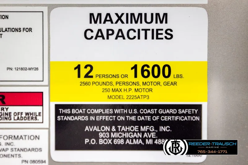 Slide: The Image of Maximum capacity label for Avalon LSZ QLS 2026 boat, 12 persons or 1600 lbs. - 55