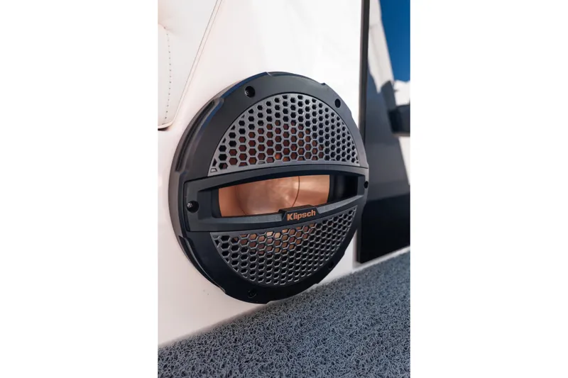 Slide: The Image of 2023 MasterCraft NXT22 boat featuring a Klipsch speaker with a sleek black grille. - 26