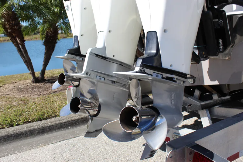 Slide: The Image of 2018 Fountain 38 CC Tournament Edition boat engines with stainless steel propellers. - 23