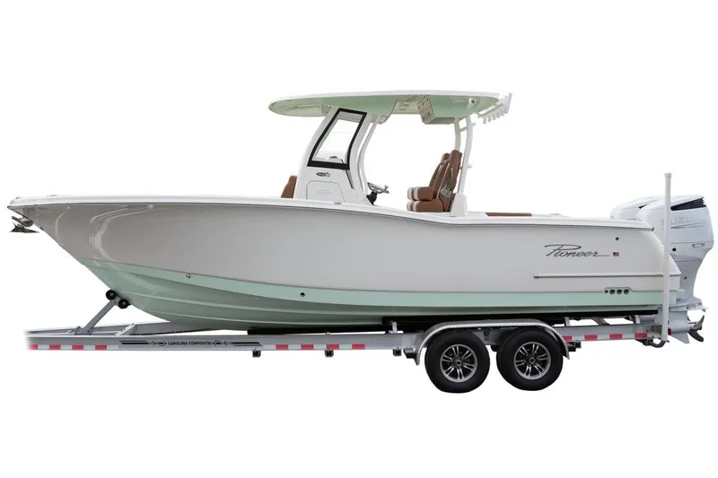 Slide: The Image of Manufacturer Provided Image: 2025 Pioneer 270 Pelagic boat on trailer, side view, white and mint green design. - 18
