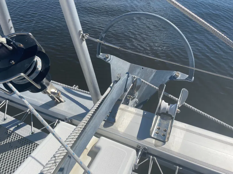 Slide: The Image of Anchor system on a 2017 Lagoon 39 catamaran, featuring metal fittings and ropes. - 10