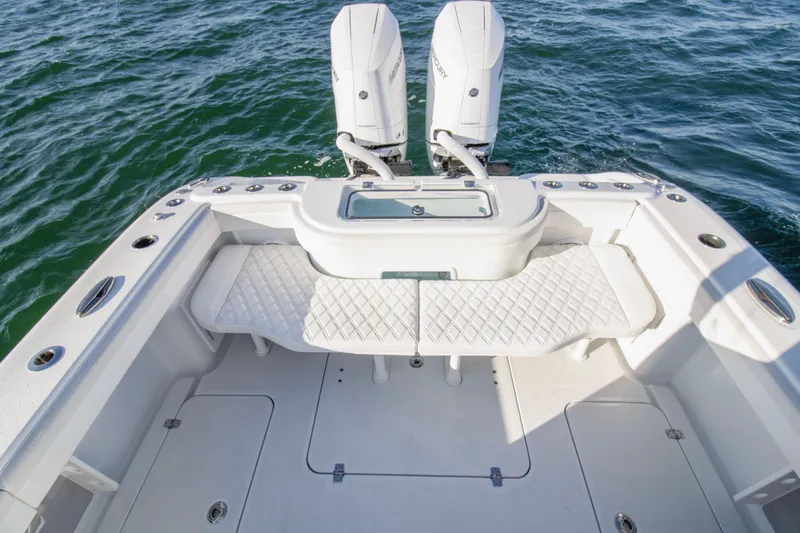 Slide: The Image of 2025 Yellowfin 32 Offshore boat with dual engines and spacious deck. - 15