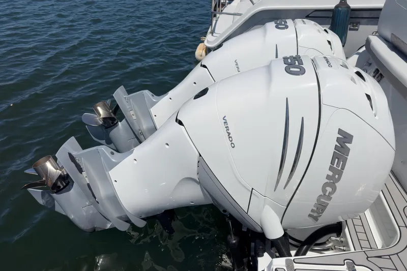 Slide: The Image of Twin Mercury Verado outboard engines on 2020 Four Winns Vista 355 Coupe OB boat. - 68