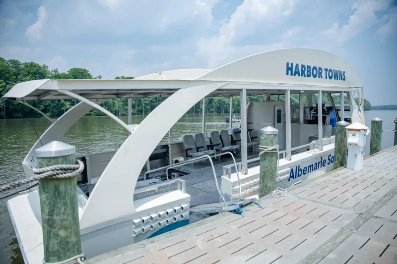 Slide: The Image of 2023 Smoky Mountain asymmetrical foil-assisted catamaran docked by a river under a cloudy sky. - 3