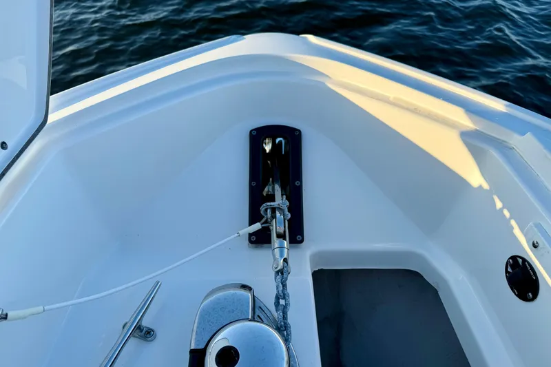 Slide: The Image of Bow of 2022 Monterey 385SS Super Sport boat with anchor chain and water view. - 8
