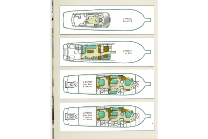 Slide: The Image of Floor plans of 2003 Ocean Yachts 65 Odyssey, showcasing upper, main, and lower decks. - 114