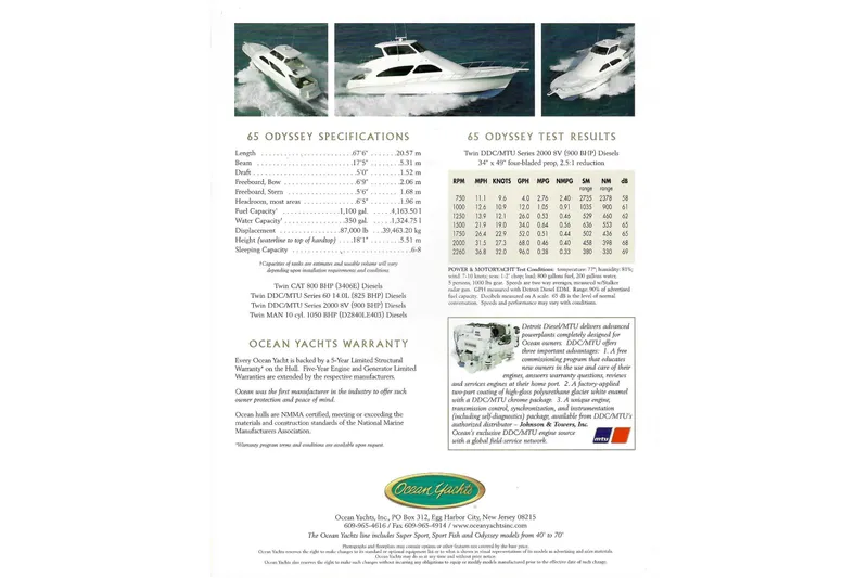 Slide: The Image of 2003 Ocean Yachts 65 Odyssey brochure with specifications, test results, and warranty details. - 40