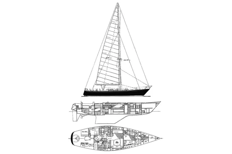 Slide: The Image of Blueprint of 1980 Mao Ta Skye sailboat, showcasing side and top views with detailed interior layout. - 19