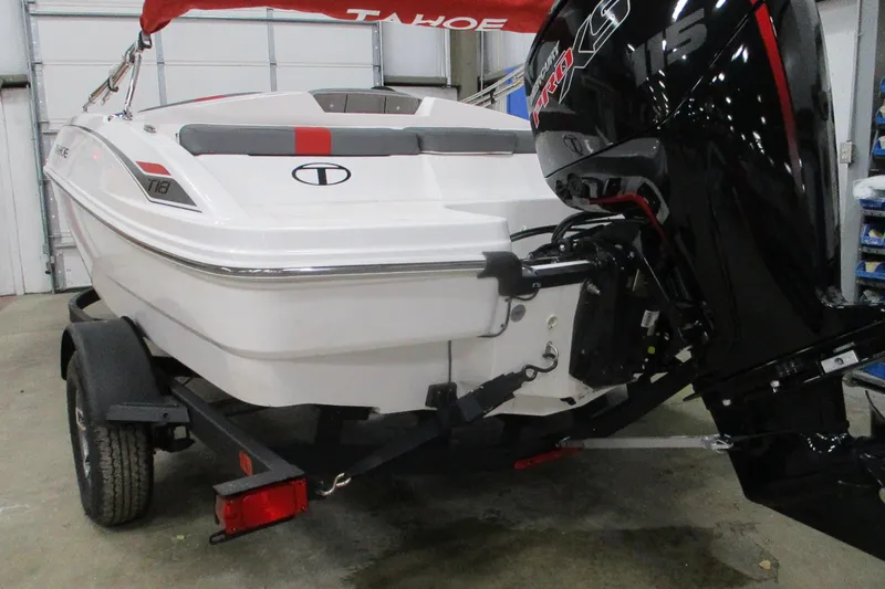 Slide: The Image of 2025 Tahoe T18 boat with powerful outboard motor in a garage setting. - 3