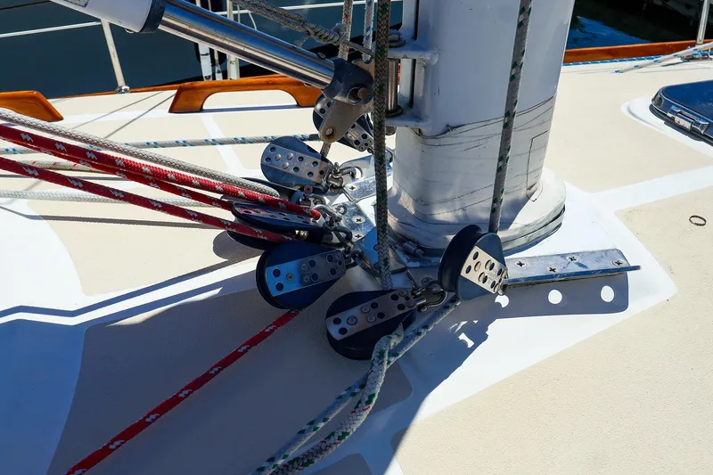 Slide: The Image of Close-up of Tartan 3500 sailboat rigging and pulleys, 1999 model, on deck. - 7