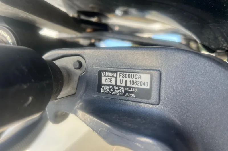 Slide: The Image of Yamaha F300UCA engine label on 2005 Boston Whaler 320 Outrage boat. - 9