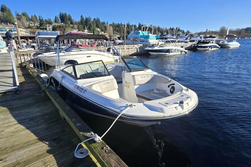 Slide: The Image of 2023 Sea Ray SPX 210 Outboard boat docked at a marina on a sunny day. - 12