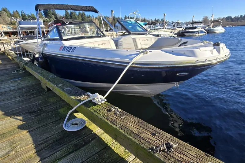 Slide: The Image of 2023 Sea Ray SPX 210 Outboard boat docked on a sunny day. - 13