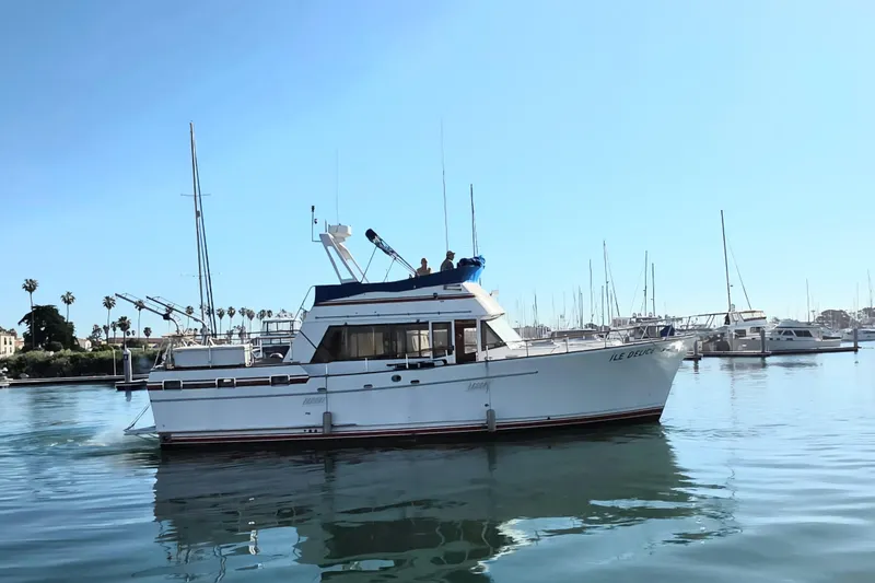 The Image of 1983 Sea Ranger 45 Sun Deck yacht cruising in a marina with clear blue skies. - 0