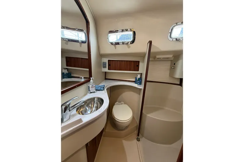 Slide: The Image of Luxurious bathroom in 2025 Island Packet 349 yacht with modern fixtures and elegant design. - 29