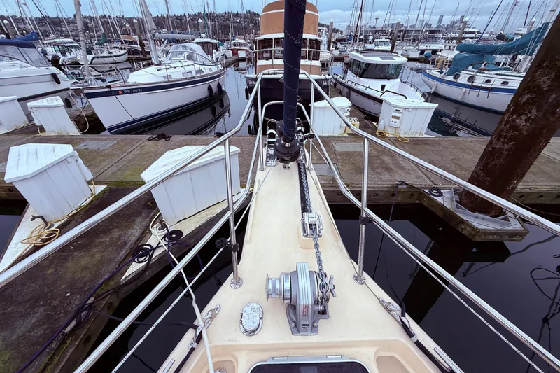 Slide: The Image of Bow view of 2025 Island Packet 349 sailboat docked at marina. - 5