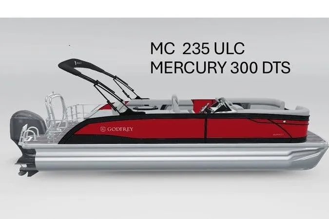 The Image of 2026 Godfrey Monaco 235 pontoon boat with Mercury 300 DTS engine, side view. - 0