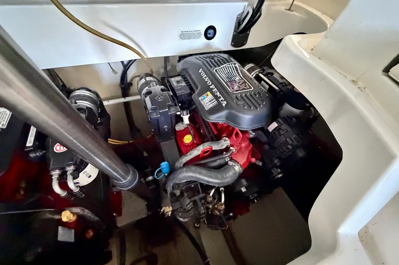 Slide: The Image of 2007 Cobalt 302 boat engine compartment with Volvo Penta engine. - 45