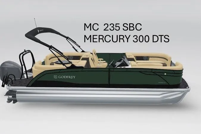 The Image of 2026 Godfrey Monaco 235 pontoon boat with Mercury 300 DTS engine, side view. - 0