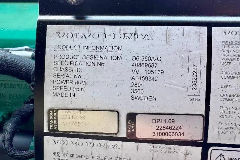 Slide: The Image of Label on Volvo Penta engine showing product information and specifications. - 17