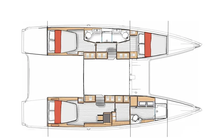 Slide: The Image of Floor plan of 2026 Excess 13 catamaran, featuring spacious cabins and modern amenities. - 9