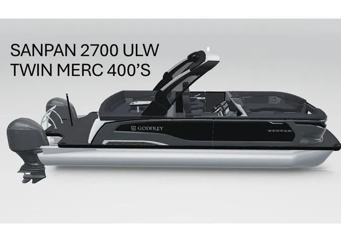 The Image of 2026 Godfrey Sanpan 2700 ULW pontoon boat with Twin Merc 400 engines, side view. - 1