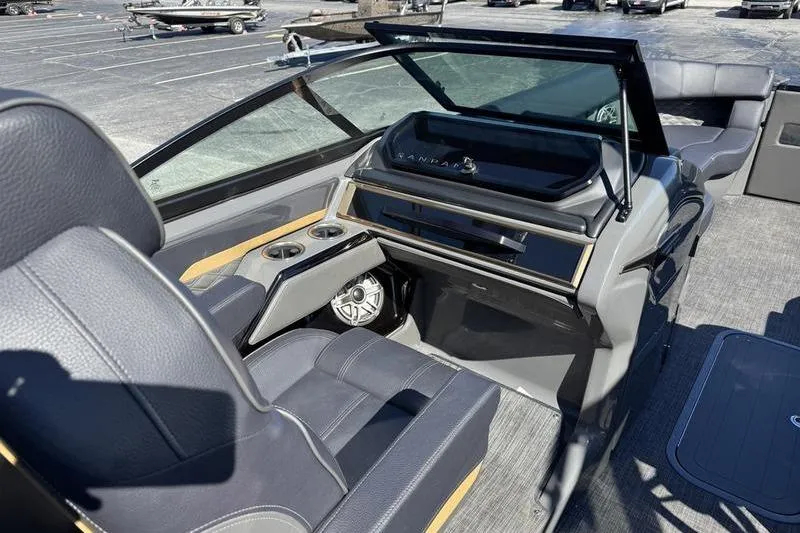 Slide: The Image of Luxurious interior of 2026 Godfrey Sanpan 2700 ULW pontoon boat with modern seating. - 28