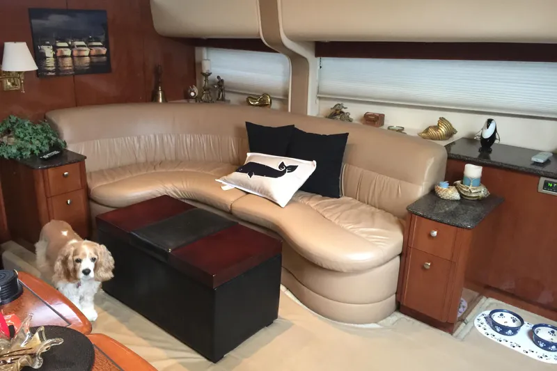 Slide: The Image of Luxurious 2006 Meridian 408 Motoryacht interior with leather seating and decorative accents. - 15