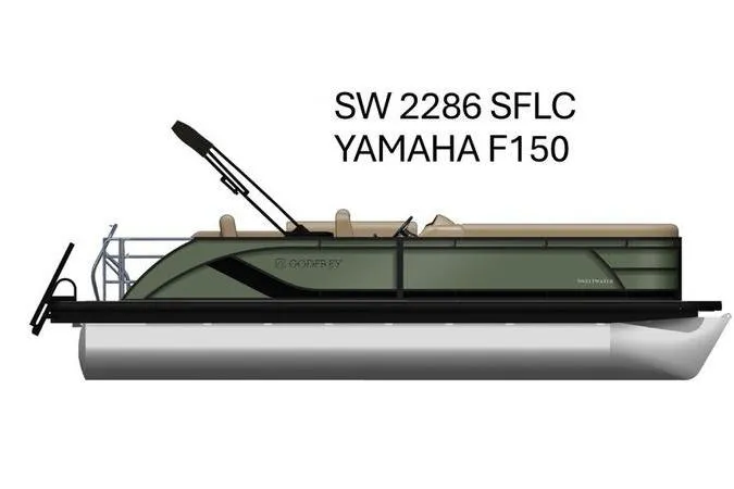 The Image of 2026 Godfrey Sweetwater 2286 SFL pontoon boat with Yamaha F150 engine, side view. - 0
