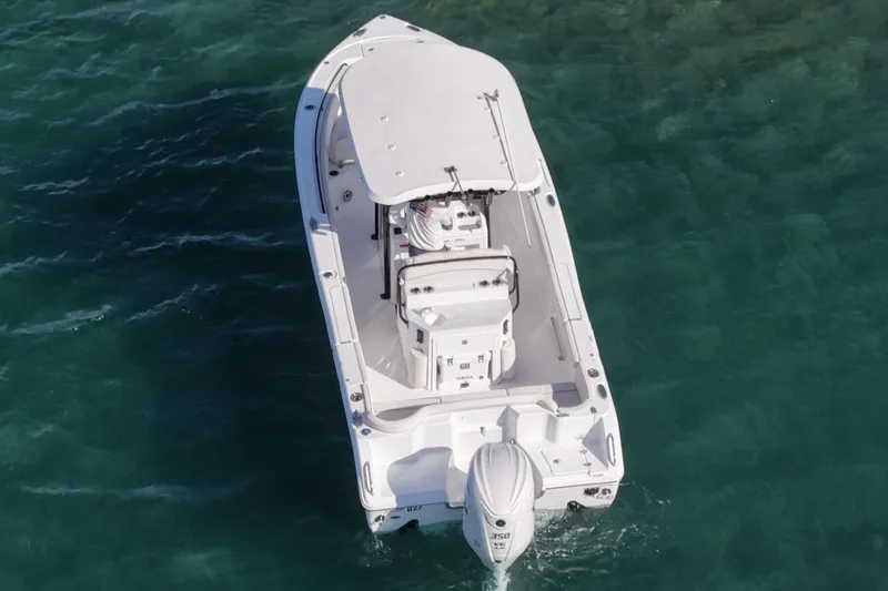 Slide: The Image of Aerial view of 2025 Sea Hunt Ultra 255 SE boat on water. - 9